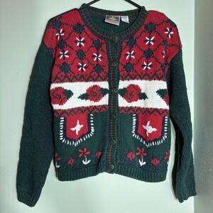 Vintage Casual Corner Sweater Womens Medium Green Red Christmas Cardigan 90s Y2K